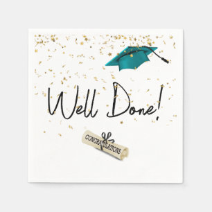 Well Done Graduation Gold Confetti With Teal Cap Napkins