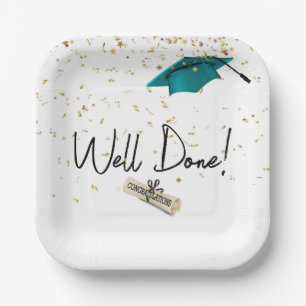 Well Done Graduation Gold Confetti With Teal Cap Paper Plates