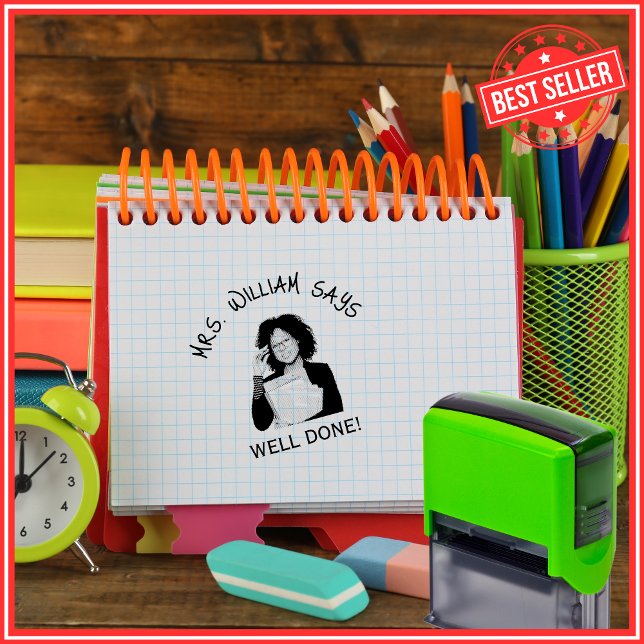Well Done Teacher Photo & Name Cute Simple Rubber Self-inking Stamp (Creator Uploaded)
