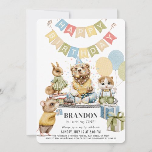Well Dressed Animals Bear Boy 1st Birthday Invitation