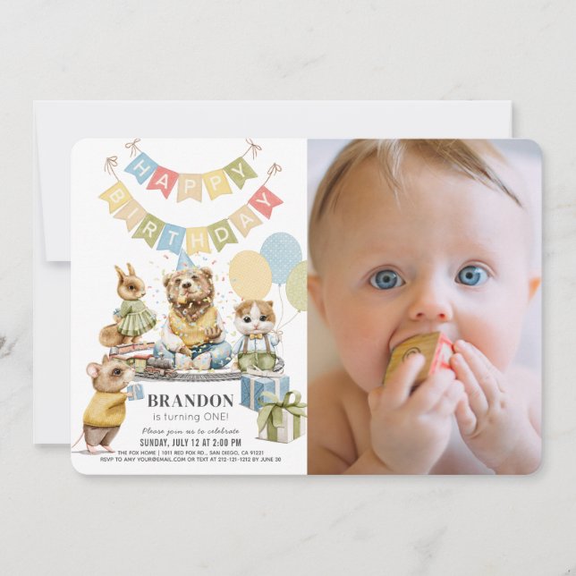 Well Dressed Animals Bear Boy Photo 1st Birthday Invitation (Front)