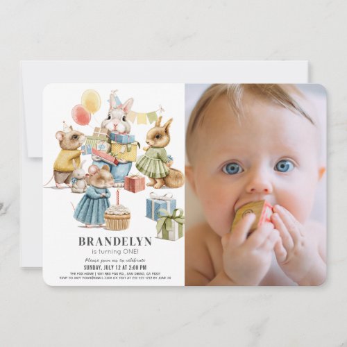 Well Dressed Animals Girl Photo 1st Birthday Invitation