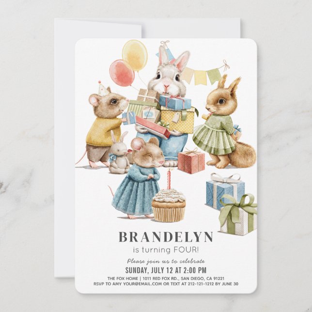 Well Dressed Woodland Animals Girl Birthday Invitation (Front)