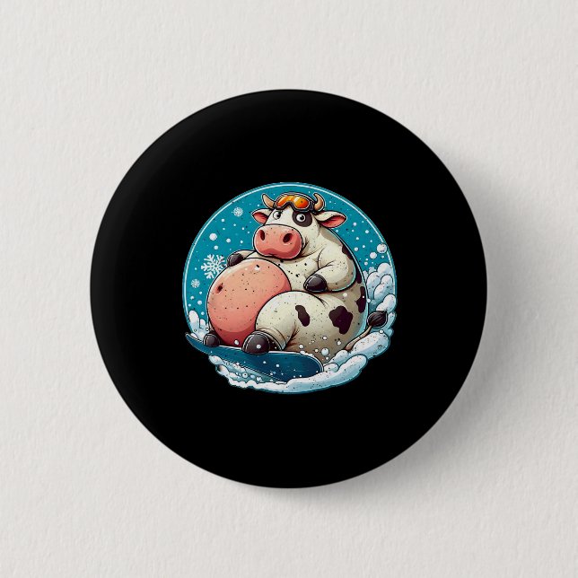 Well-fed Cow Snowboarding  Button (Front)