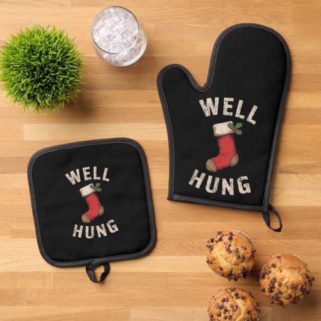 Well Hung Dirty Christmas Stocking Holiday Gift  Oven Mitt & Pot Holder Set (Top Down)