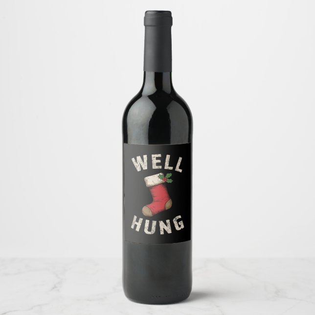 Well Hung Dirty Christmas Stocking Holiday Gift  Wine Label (Front)