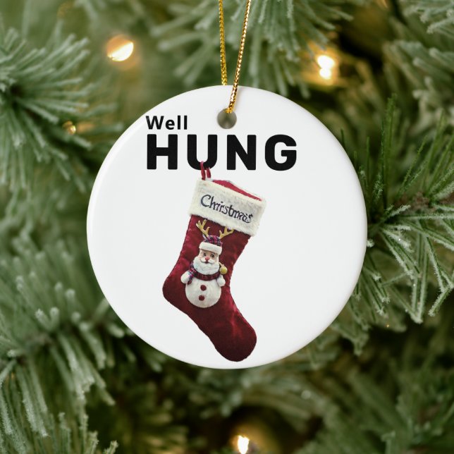 Well Hung Funny Ornament, Naughty Humor Christmas Ceramic Ornament (Tree)