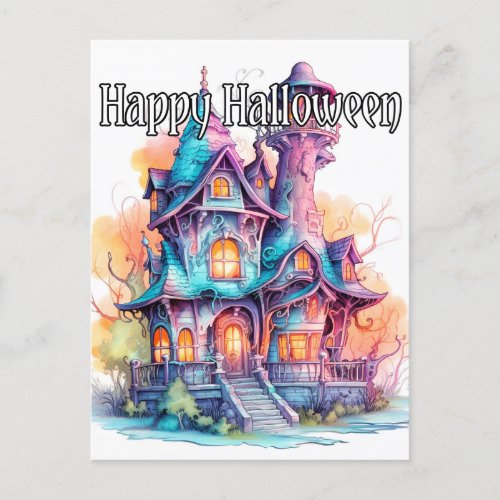 Well_lit Old Haunted House Halloween Postcard