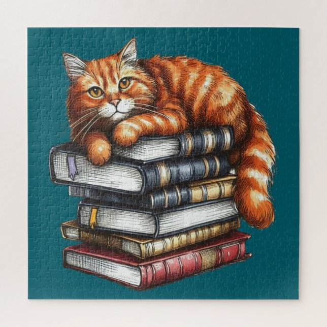 Well read tabby cat; book worm gifts jigsaw puzzle (Vertical)