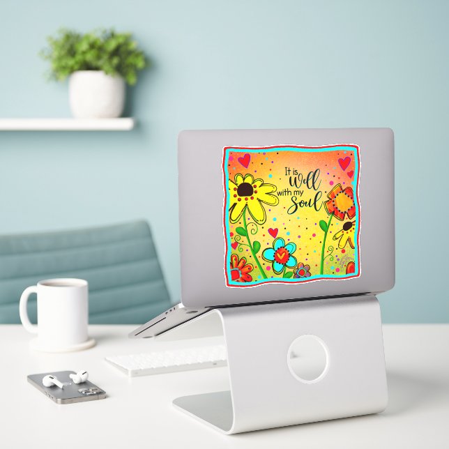 Well with my Soul Pretty Inspirivity Floral Yellow Sticker (Laptop On Desk)