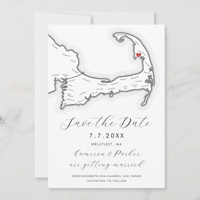 Wellfleet MA Cape Cod Map Black and White Wedding Save The Date (Front)
