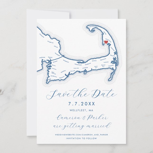 Wellfleet MA Cape Cod Map Navy Blue Wedding Save The Date (Front)