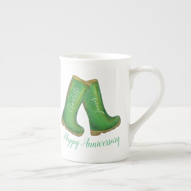 Wellington boot emerald green wedding anniversary  bone china mug (Right)