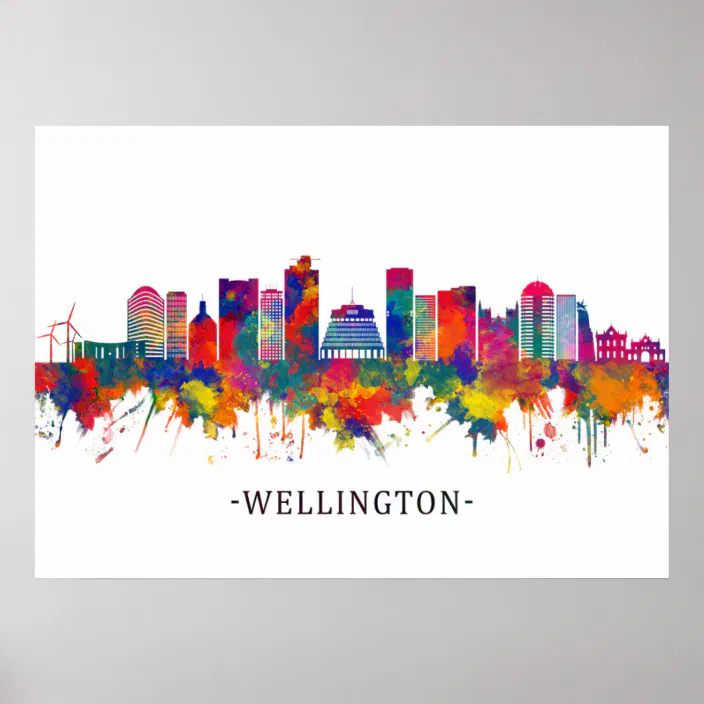 WELLINGTON SKYLINE MAP Print Poster Watercolour Framed Canvas Wall Art Gift CITY 