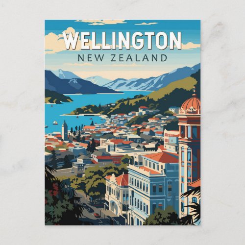 Wellington New Zealand Travel Art Vintage Postcard