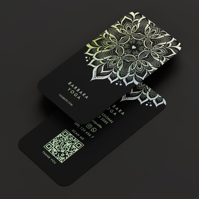 Wellness Coach Mandala Black Green Yoga Instructor Business Card (Wellness Coach Mandala Black Green Yoga Instructor)