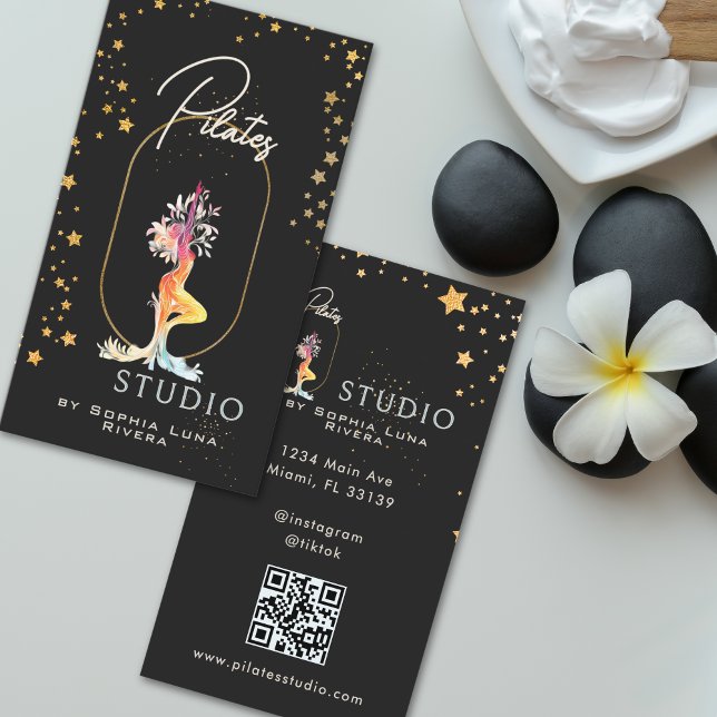 Wellness Yoga Studio Gold Stars Black QR Code Business Card (Wellness Yoga Studio Gold Stars Black QR Code Business Card)