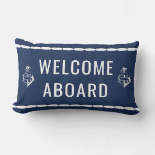 Welocme Aboard white Anchor on Blue Lumbar Pillow