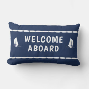 Welocme Aboard white Sailboat on Blue Lumbar Pillow