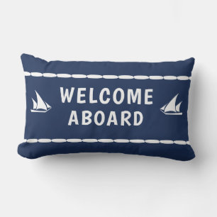 Welocme Aboard white Sailboat on Blue Lumbar Pillow