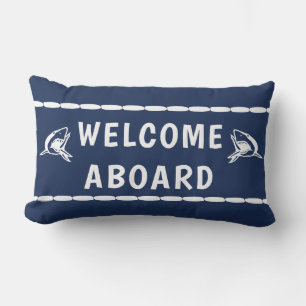 Welocme Aboard white Shark on Blue Lumbar Pillow