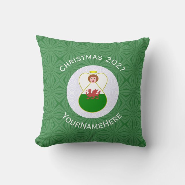 Welsh Angel Christmas Flag Personalized  Throw Pillow (Front)