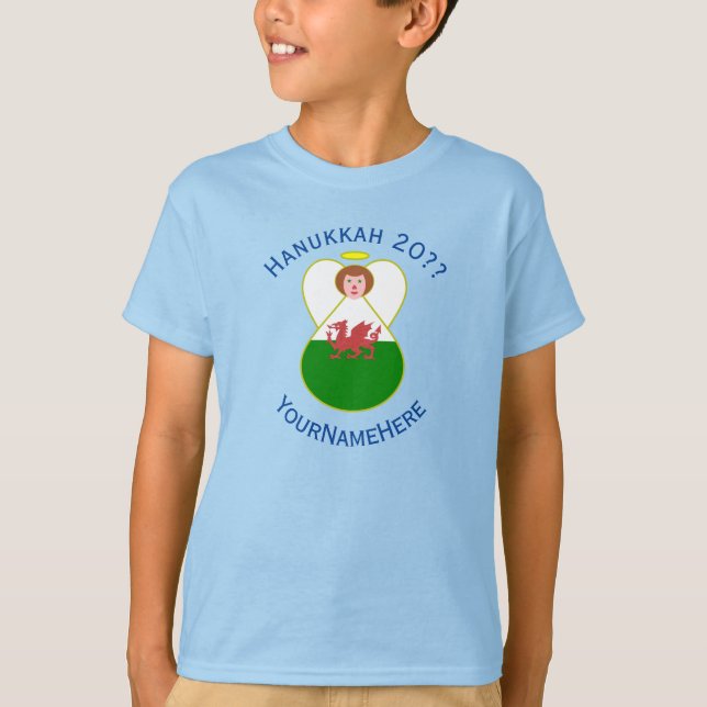 Welsh Angel Hanukkah Flag Personalized Boy's T-Shirt (Front)