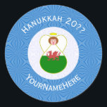 Welsh Angel Hanukkah Flag Personalized  Classic Round Sticker<br><div class="desc">Round sticker shows an angel wearing the flag of Wales on this sticker for holiday or Hanukkah gift decorating. The Welsh Flag angel is found inside a white, fractal circle of squiggly squares. The background is a blue fractal of squiggly squares. Add your own text or personalize with a name...</div>