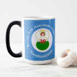 Welsh Angel Hanukkah Flag Personalized  Color Morph Mug<br><div class="desc">Design features an angel, wearing the flag of Wales, flying in a white circle of squiggly squares. The background shows blue squiggly squares for Hanukkah celebrations. Above the angel are the words WELSH HANUKKAH ANGEL and a space for the year. Below, add a name to personalize or to create a...</div>