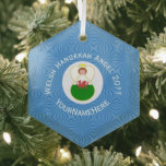 Welsh Angel Hanukkah Flag Personalized  Glass Ornament<br><div class="desc">Design features an angel, wearing the flag of Wales, flying in a white circle of squiggly squares. The background shows blue squiggly squares for Hanukkah celebrations. Above the angel are the words WELSH HANUKKAH ANGEL and a space for the year. Below, add a name to personalize or to create a...</div>