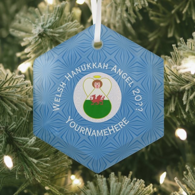 Welsh Angel Hanukkah Flag Personalized  Glass Ornament (Insitu)