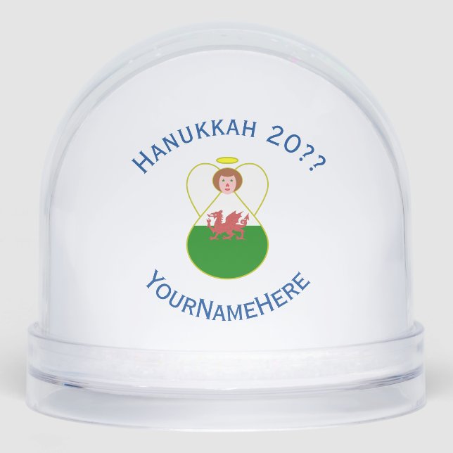 Welsh Angel Hanukkah Flag Personalized Snow Globe (Front)