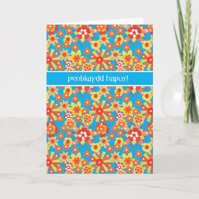 Welsh Birthday Card, Ditsy Orange Flowers Card (Front)