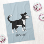 Welsh Border Collie Sheepdog Custom Name Kitchen Towel<br><div class="desc">A cute Border Collie dog on a soft blue background.  Change or remove the text to customize. Original art by Nic Squirrell.</div>