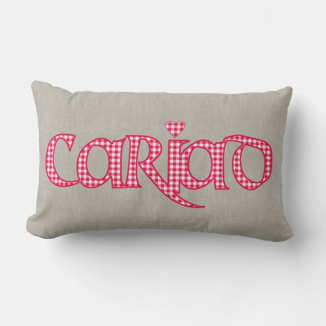 Welsh Cariad Gingham Text Design on Faux Burlap Lumbar Pillow (Front)