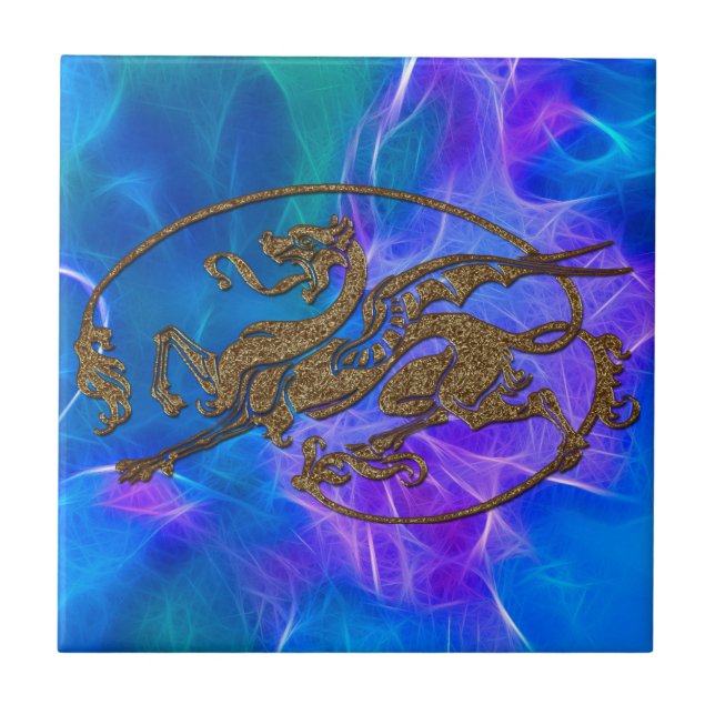 Welsh Celtic Dragon in Gold on Blues Tile (Front)