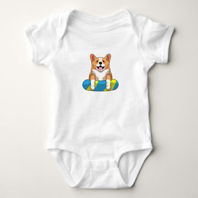 Welsh Corgi at Swimming with Swimming board Baby Bodysuit (Front)