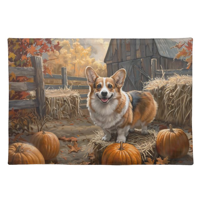 Welsh Corgi Autumn Pumpkin Farm Cloth Placemat (Front)