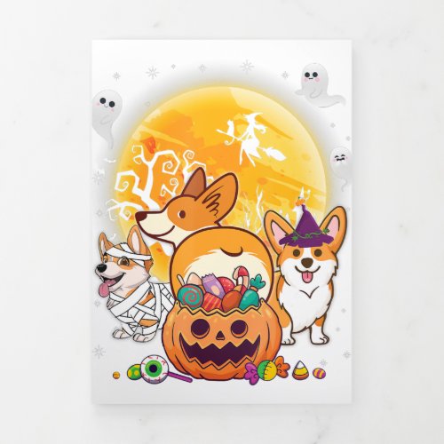 Welsh Corgi Cardigan Dog Mommy Witch Moon Ghosts Tri_Fold Announcement