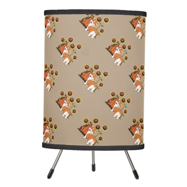 Welsh Corgi Cartoon with Pumpkin Tripod Lamp (Front)