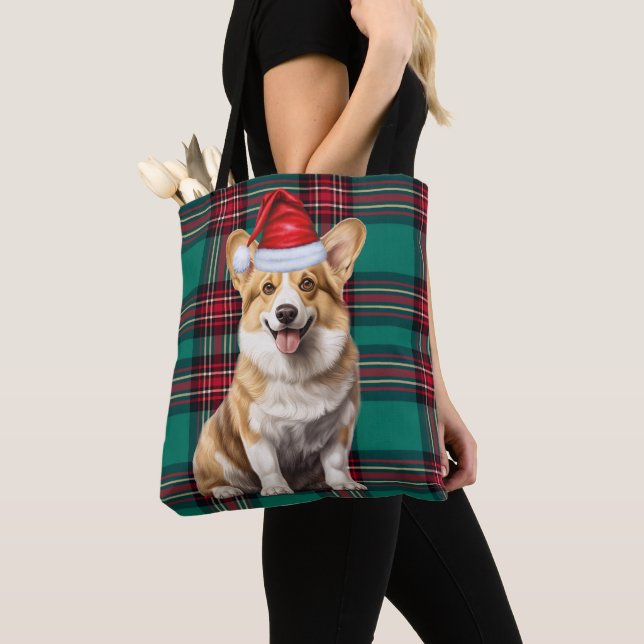 Welsh Corgi Christmas Dog Seasonal Green Plaid Tote Bag (Close Up)