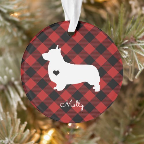 Welsh Corgi Christmas Plaid Dog Name Ornament