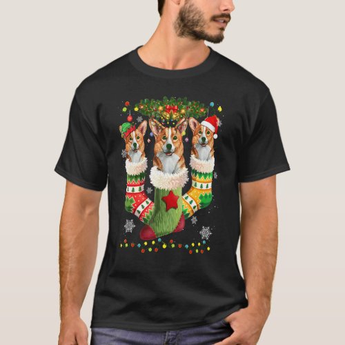 Welsh Corgi Christmas Socks Tree Light Xmas Santa T-Shirt
