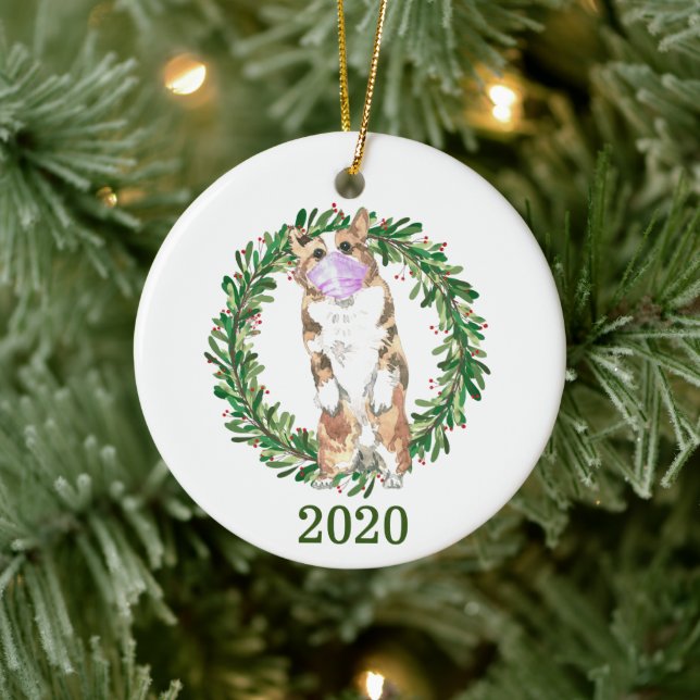 Welsh Corgi Christmas Wearing Face Mask 2020 Ceramic Ornament (Tree)