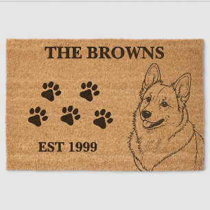 Welsh Corgi Dog & Custom Family Name Welcome Fiber Doormat