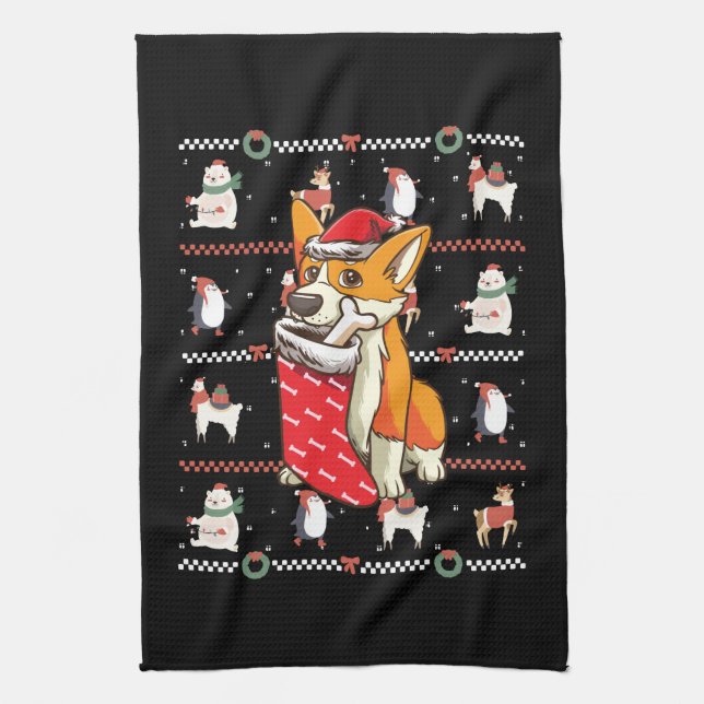 Welsh Corgi Dog Ugly Christmas Kitchen Towel (Vertical)