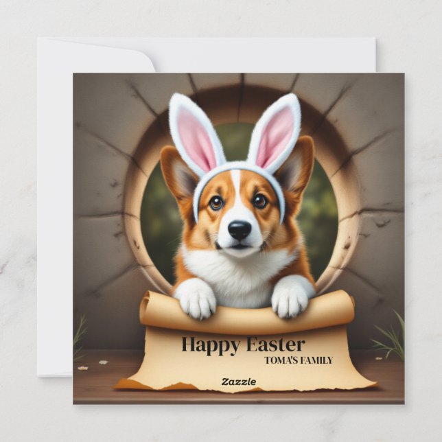 Welsh Corgi dog - with Family Name Holiday Card (Back)