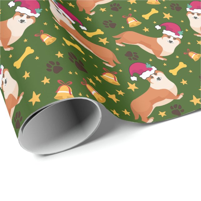 Welsh Corgi Dog With Santa Hat Christmas Wrapping Paper (Roll Corner)