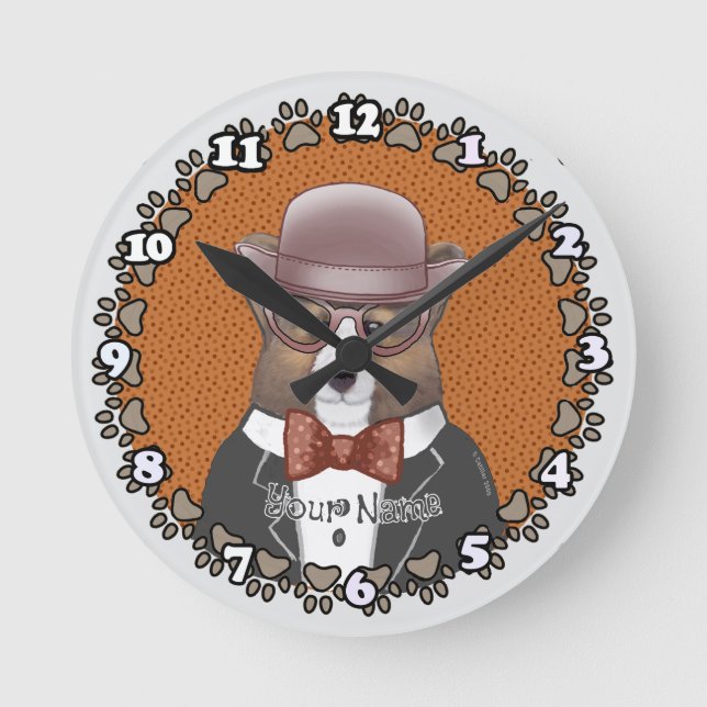 Welsh Corgi Glasses Round Clock (Front)