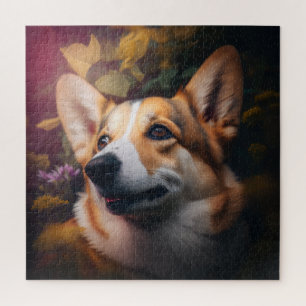 Welsh Corgi in Colorful Garden Bloom Jigsaw Puzzle